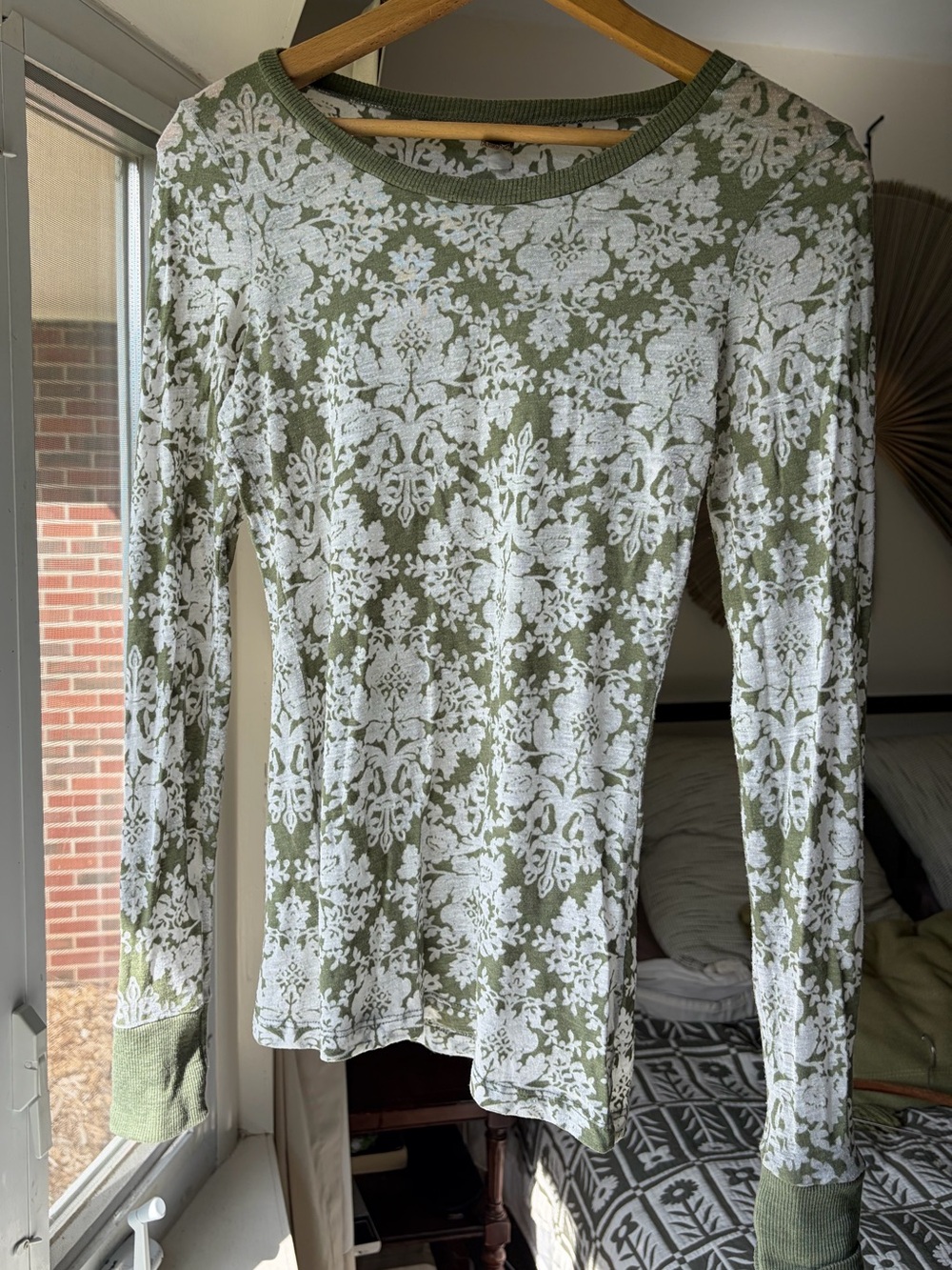 BKE Olive Green & White Floral Long Sleeve Tee